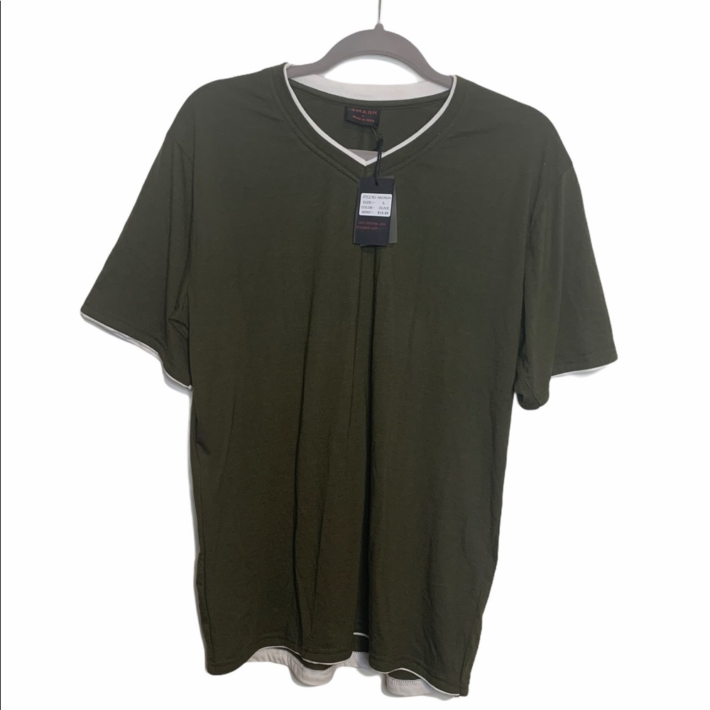 Smash V Neck Short Sleeve Olive Green Tee Shirt L